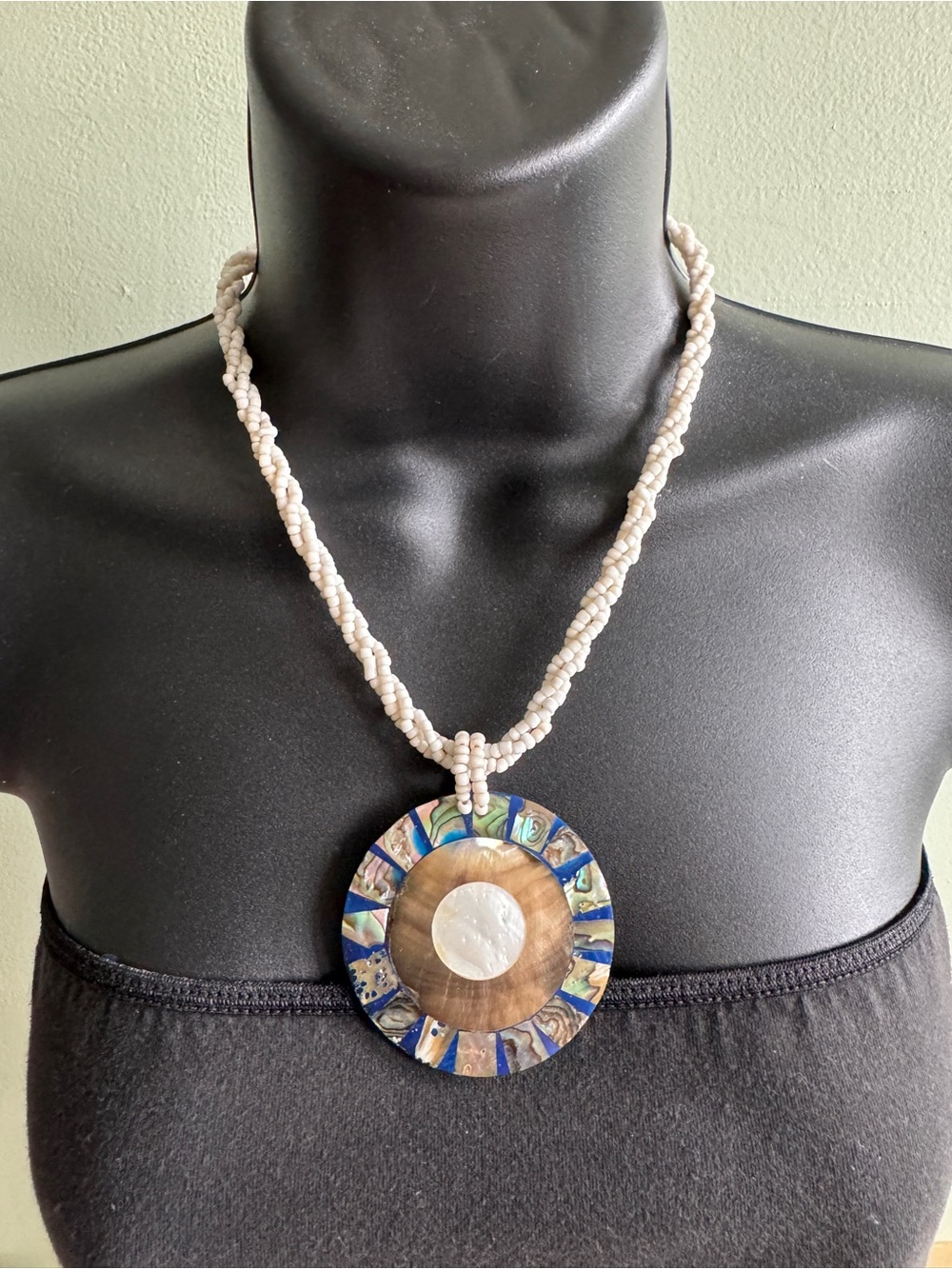 Handmade Cream Seedbeads Necklace with Mother of Pearl Abalone Pendant